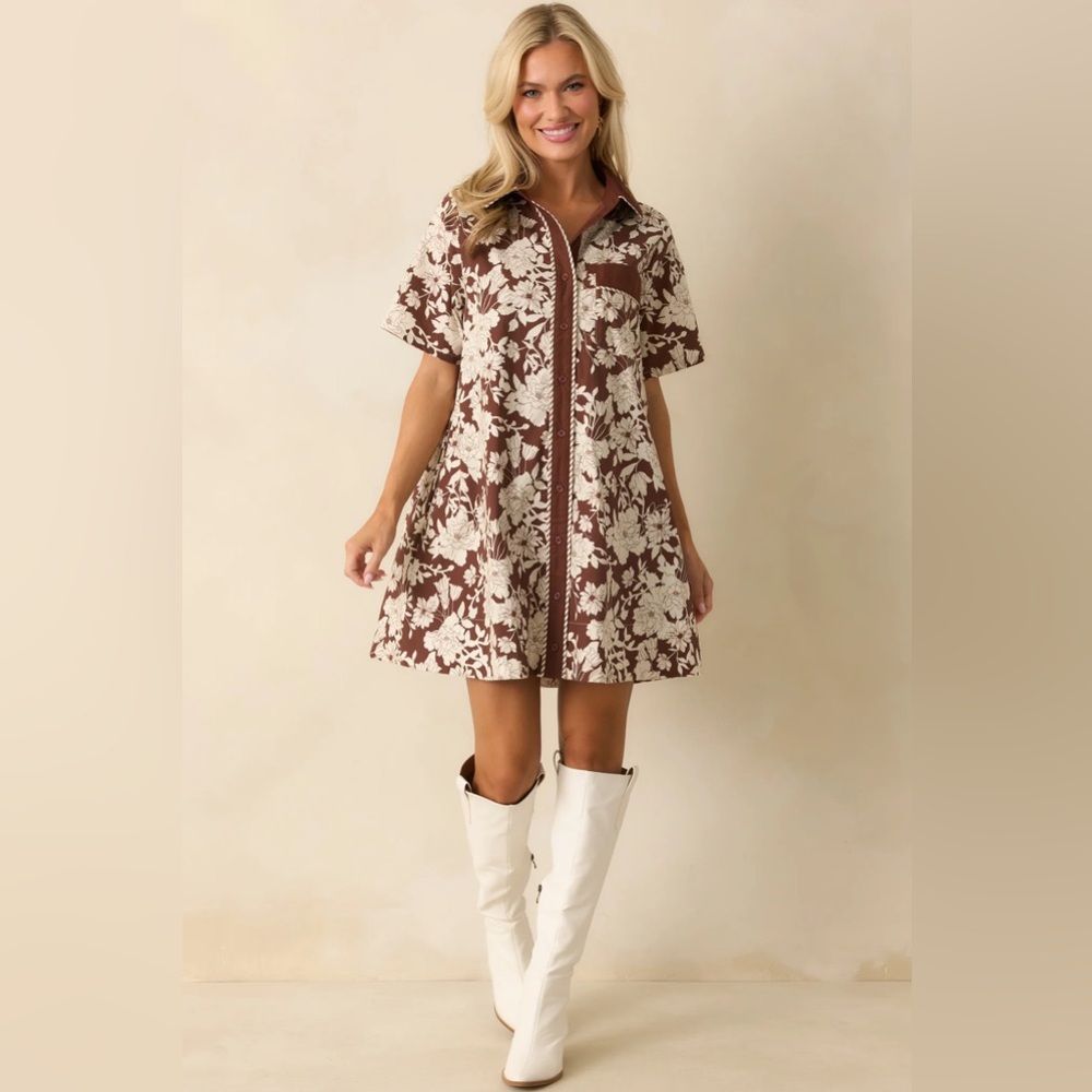 Right Where I Belong Brown Multi Floral Print Mini Shirt Dress